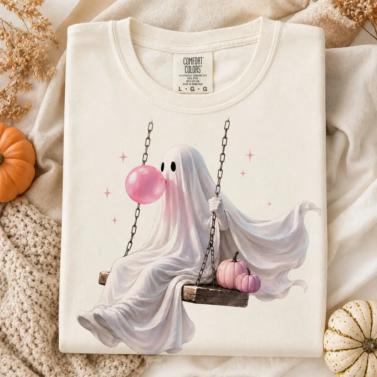 Comfort Colors Bubble Gum Ghost Graphic Tee, Cute Ghost Swing Halloween Shirt, Vintage Fall Aesthetic Shirt, Spooky Season Ghost Lover Gift