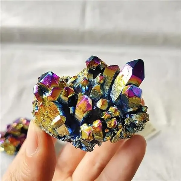 Handmade Carved Rainbow Aura Quartz Geode, 80-100g Titanium Crystal Cluster Natural Specimen, Home Decor Collectibles Witchy Things, Good Gift for Families