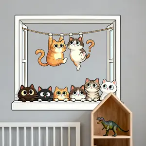 1Pcs Funny Cats Window Playing Wall Sticker, PVC Self-Adhesive Creative Cartoon Cat Pattern, Fun Home Decor Gift for Living Room Bedroom