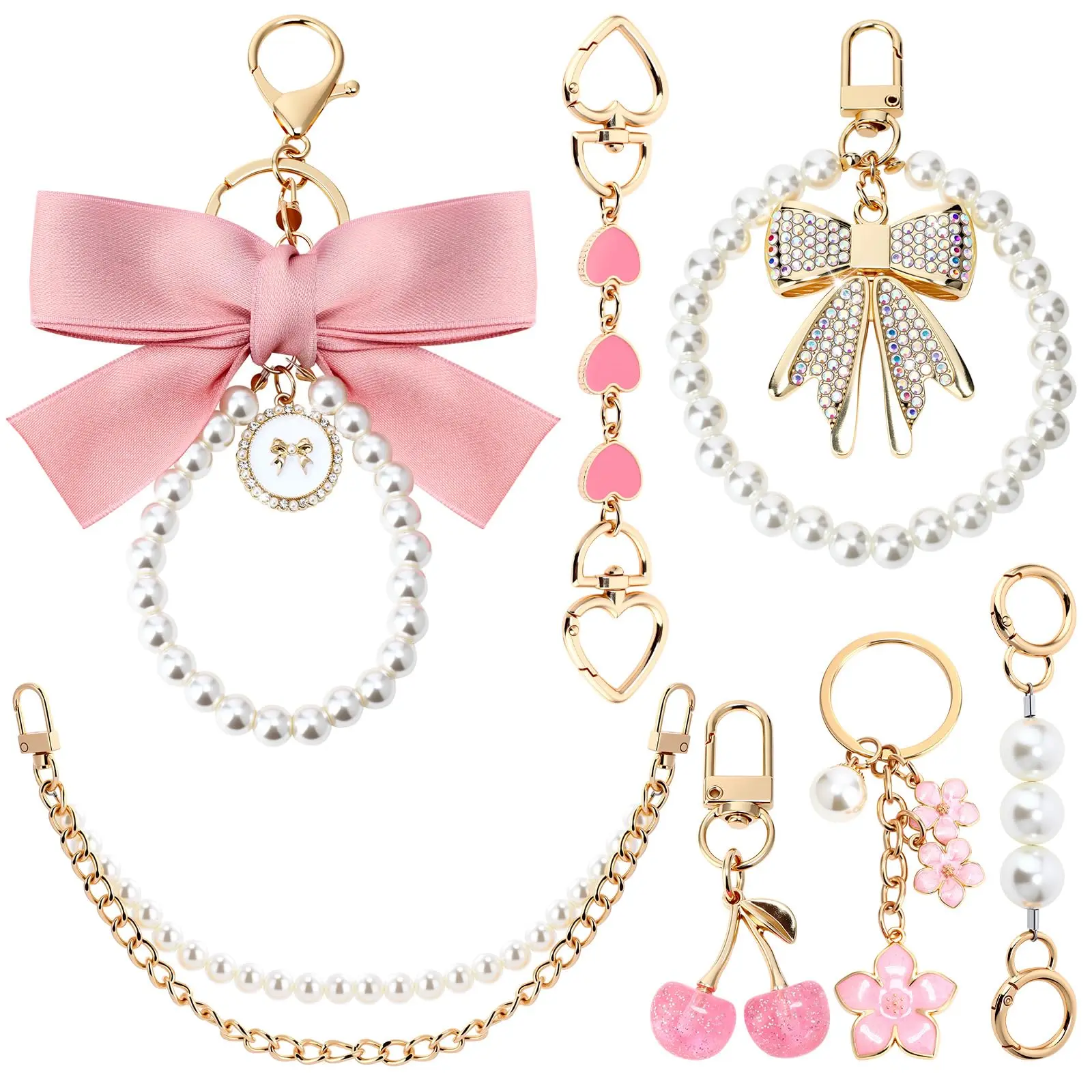 7Pcs Bag Extender Chain Pearl Purse Chain Ribbon Bow Keychain Extender Bag Strap Purse Charms Accessories for Handbag