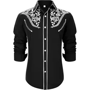 Western Denim Shirt Long Sleeve Embroidered Cowboy Slim Fit Casual Work Shirt