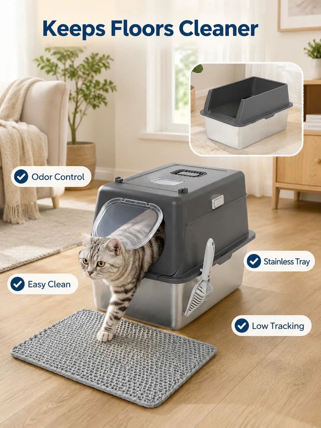 XL Extra Large Odor Control & Easy-Clean Stainless Steel Cat Litter Box with Lid, 50L Enclosed Metal Litter Pan with Front and Top Entry for Big Cats - 20cm Light/Dark Gray