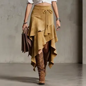 Women’s summer solid-color suede asymmetrical skirt with a matte velvet texture—luxurious and relaxed retro style, perfect for outdoor camping outfits.
