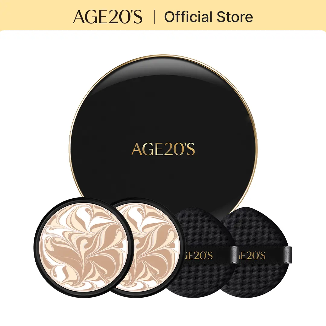 [AGE20'S] Signature Essence Pact - 2-Pack Cream Foundation Compact, Intense Cover, Moisturizing, Lightweight, Radiant, Daily Use Beauty Products for Dewy Makeup