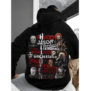 Stylish Horror Themed Hoodie with Cartoon Print for Men Soft Cotton Blend Comfortable Kangaroo Pocket Ideal for Autumn and Winter Wear