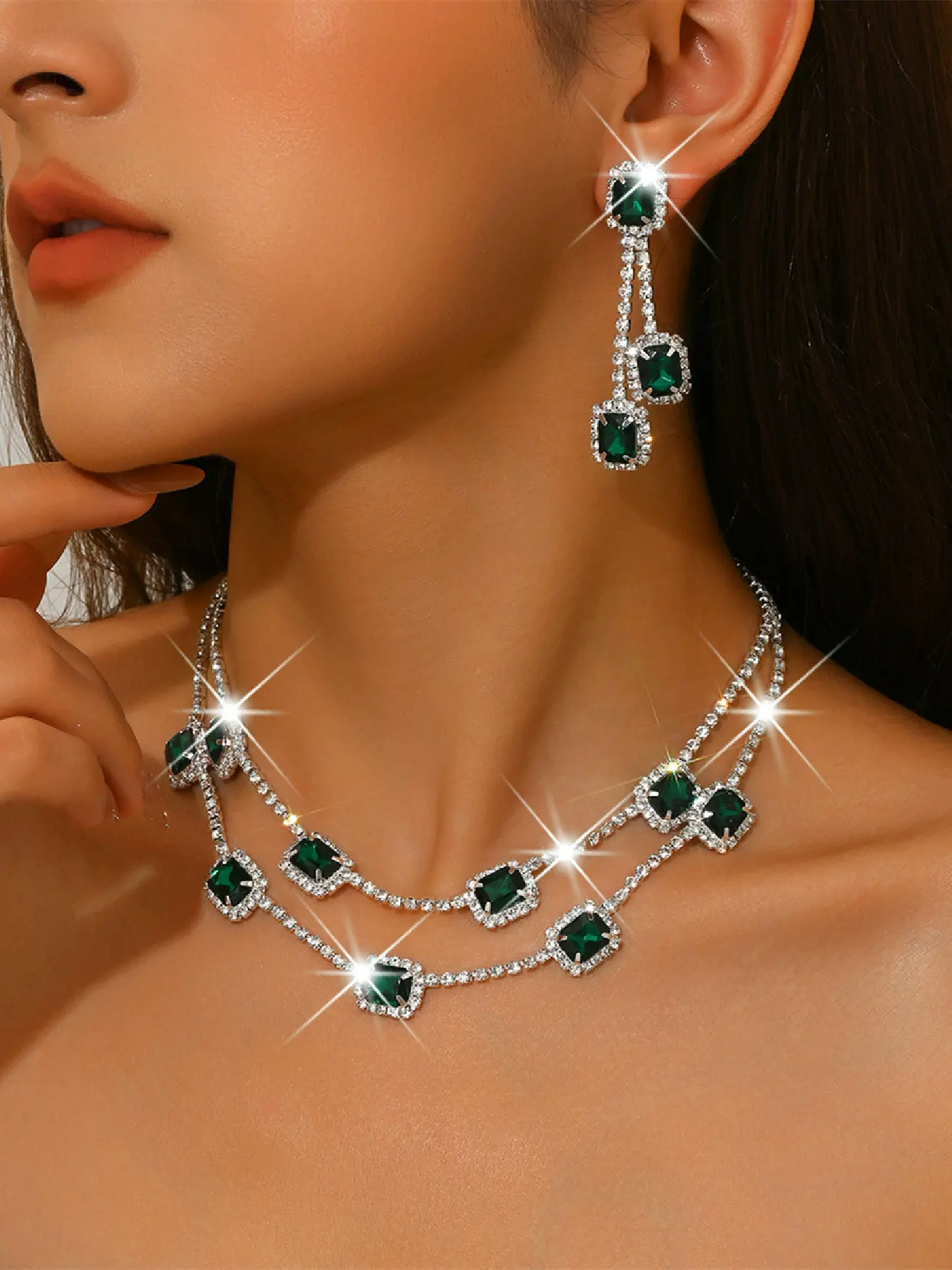 Elegant Square Crystal Earrings Necklace Set for Women, Perfect for Parties Weddings Holidays, Copper Chain, All Seasons Jewelry