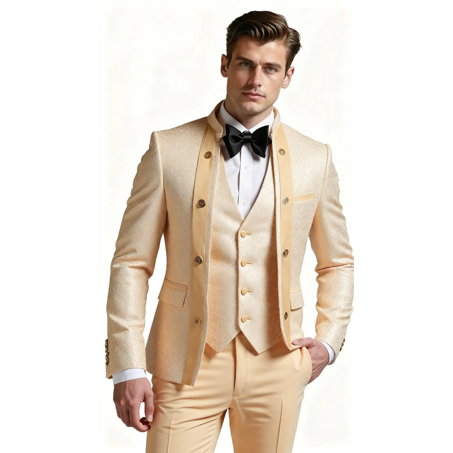 Luxury 3-Piece Men’s Floral Suit – Stand Collar Tuxedo with Vest & Pants | Elegant Formal Outfit for Weddings, Performances & Special Events