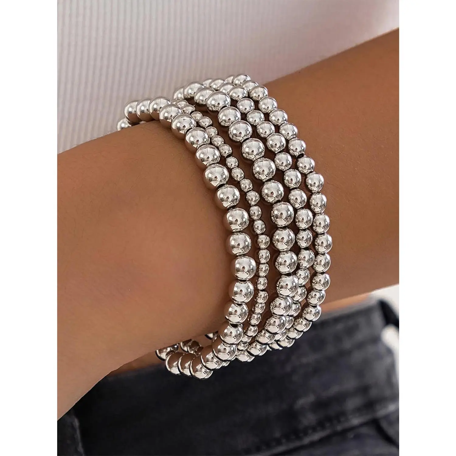 5Pcs Gold Beaded Bracelets 14K Gold Bracelets for Women Bracelet Stack Trendy Stretch Bead Bracelets Silver Bead Bracelet Dainty Jewelry for Women