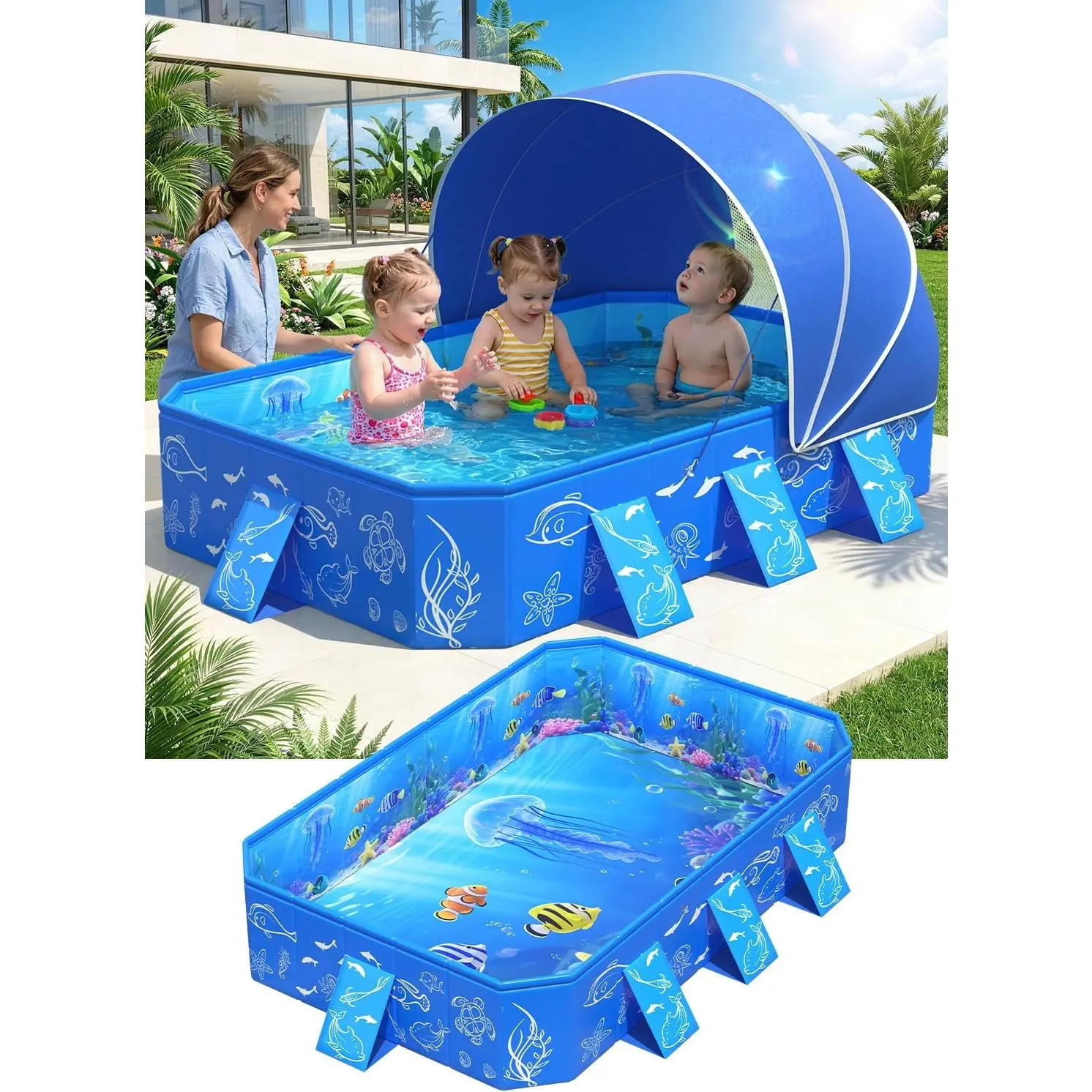 Non-Inflatable Foldable Kiddie Canopy Shade, 53"x40"x33" Portable Pop-Up Toddler Paddling Option for Backyard Outdoor Use (Toys & Hobbies, Sports & Outdoor Play, Pool Water & Sand Toys)