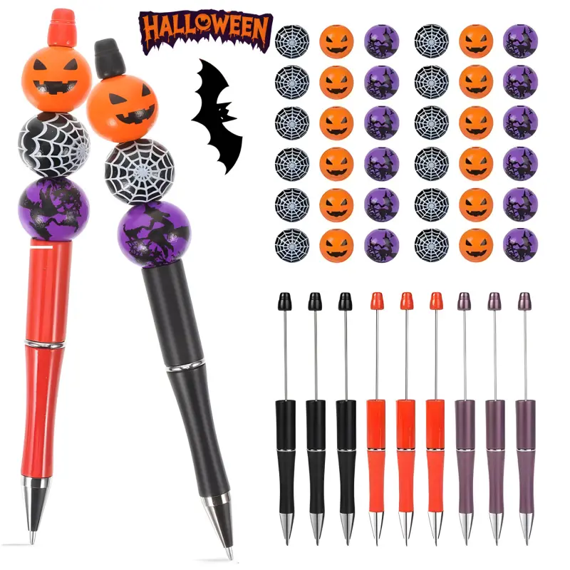 Halloween Crafting Pens,Beadable Pens,Bead Pens DIY Pumpkin Witch Spider Web Beaded Pens Black Ink Beadable Ballpoint Pen for Halloween Gifts School Office Supplies