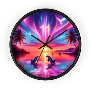 10" Wall Clock "Dolphin Dusk: An Enchanting Tropical Twilight" -  1111 Tropical Beach at Sunset with Palm Trees, Dolphins, and Sailboats Decor Angel