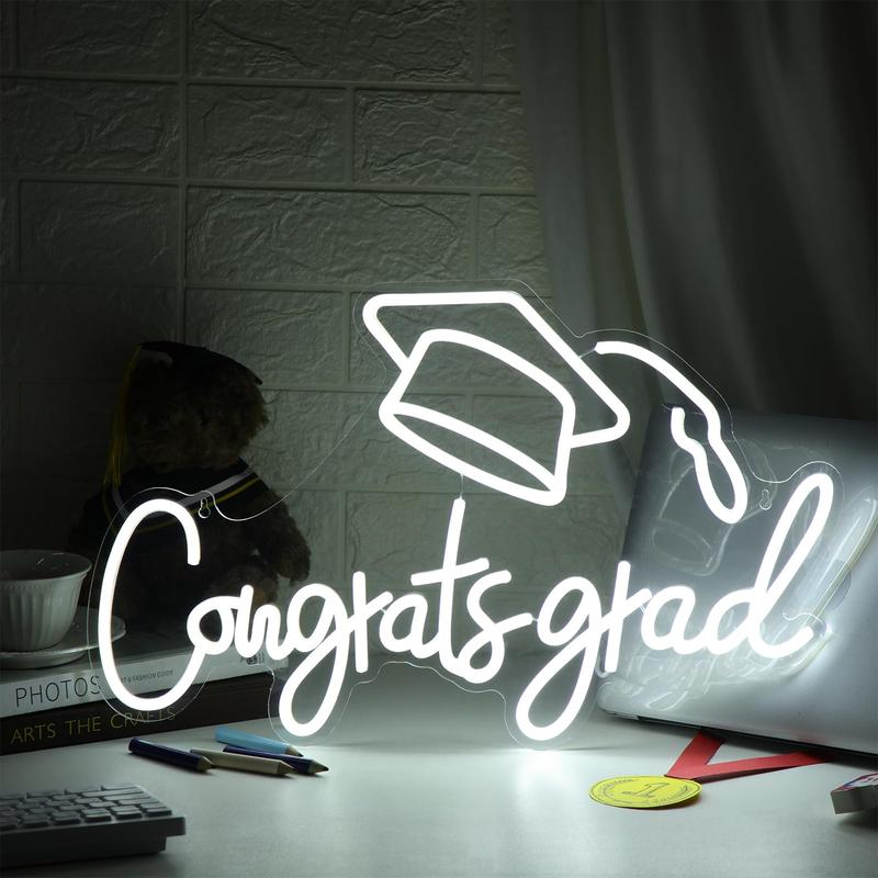 Congrats Grad LED Neon Sign, Graduation Party Decor, Warm White Grad Light Up Letters, Adjustable Congrats Graduation Sign,  LED Light Sign Dorm Room Backdrop, Celebration Gift for Class Congrats Grad(White,Congrats Grad Neon Light)