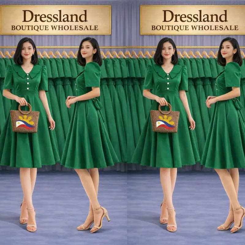 Dressland Filipiniana Dress Free Size Up to XL Green A-Line Dress with Button Detail and Short Sleeves