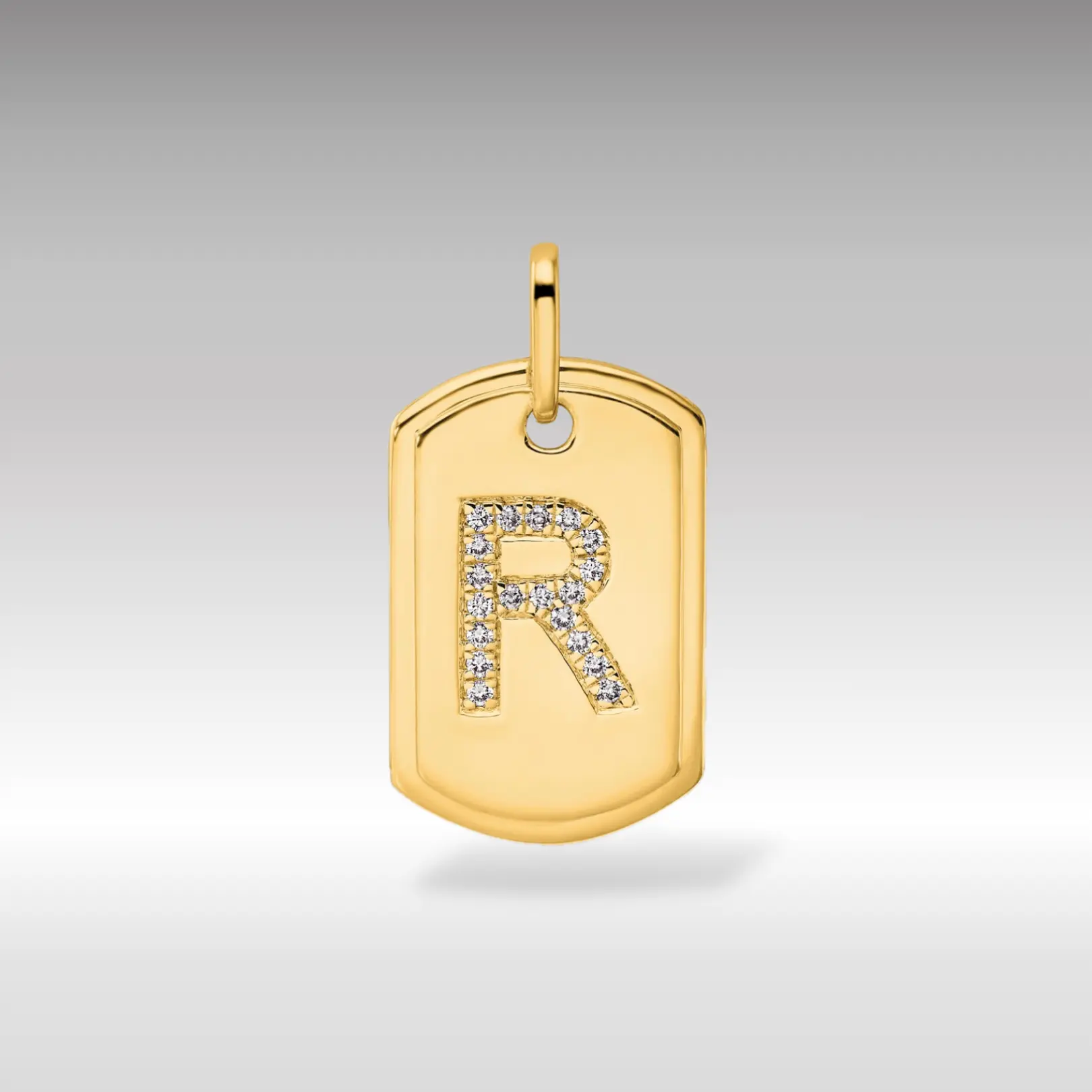 14K Gold Initial "R" Dog Tag Pendant With Diamonds