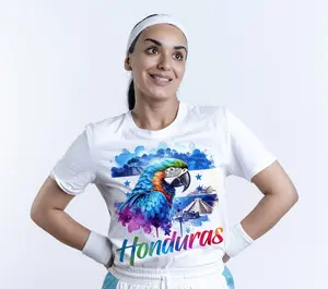 Honduras Camiseta in DryFit White Sublimation with Colorful Parrot Design and Honduras Text