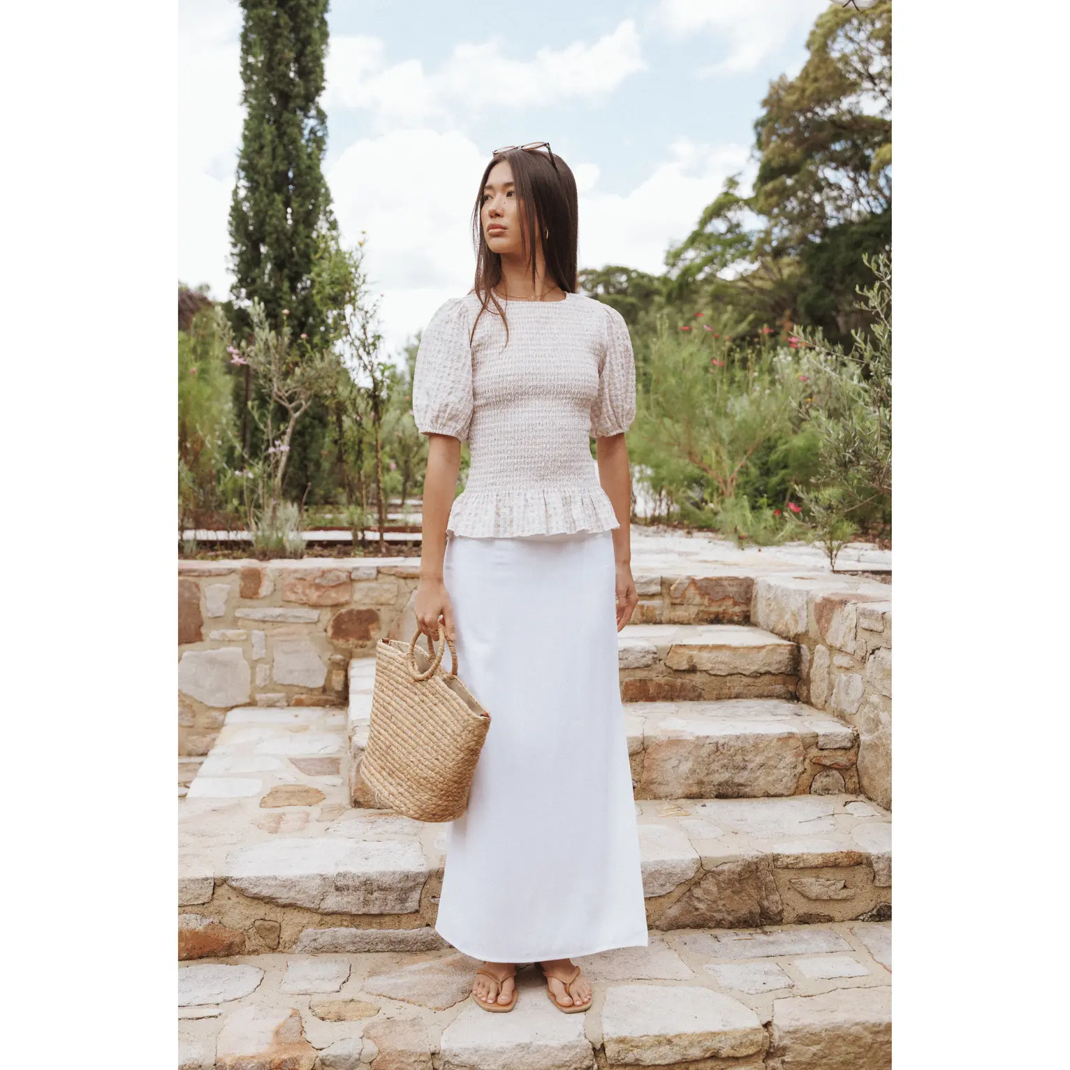 Madison Linen Column Skirt - White