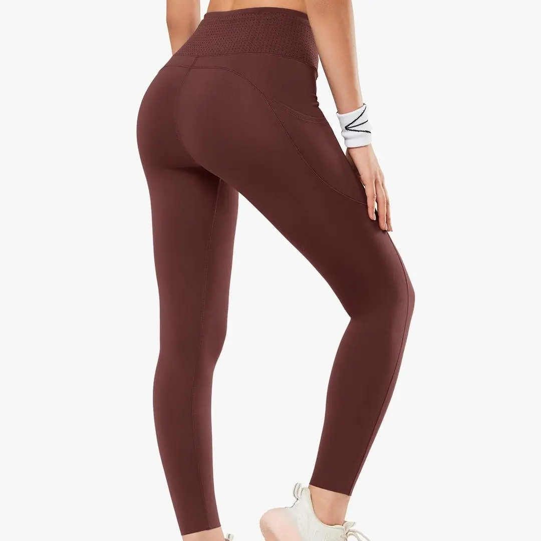 Yvette UltraSculpt Women's High-Waisted Abdominal Compression Sports Leggings - Full-Length Skinny Cut, 4-Way Stretch Quick Dry Fabric, Side Pockets, Squat-Proof for Yoga, Training