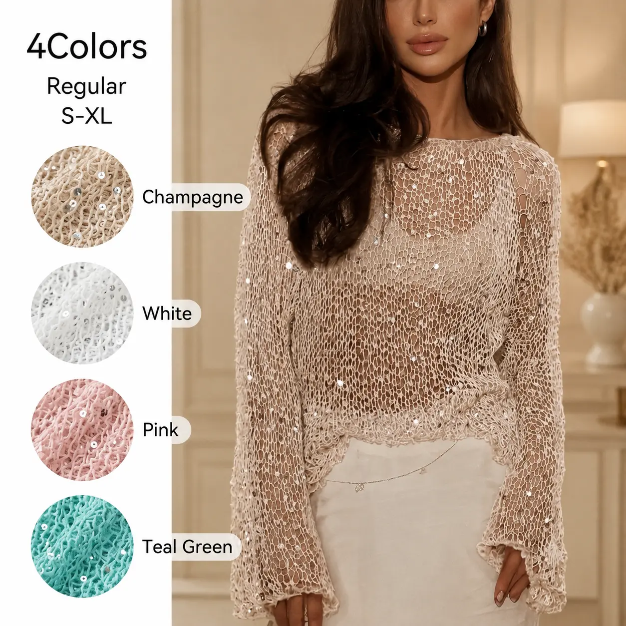 Sexy Sequined Knit Top, Slim-Fit Long Sleeve Top for Women, Unique Boho Style, Elegant Evening Wear