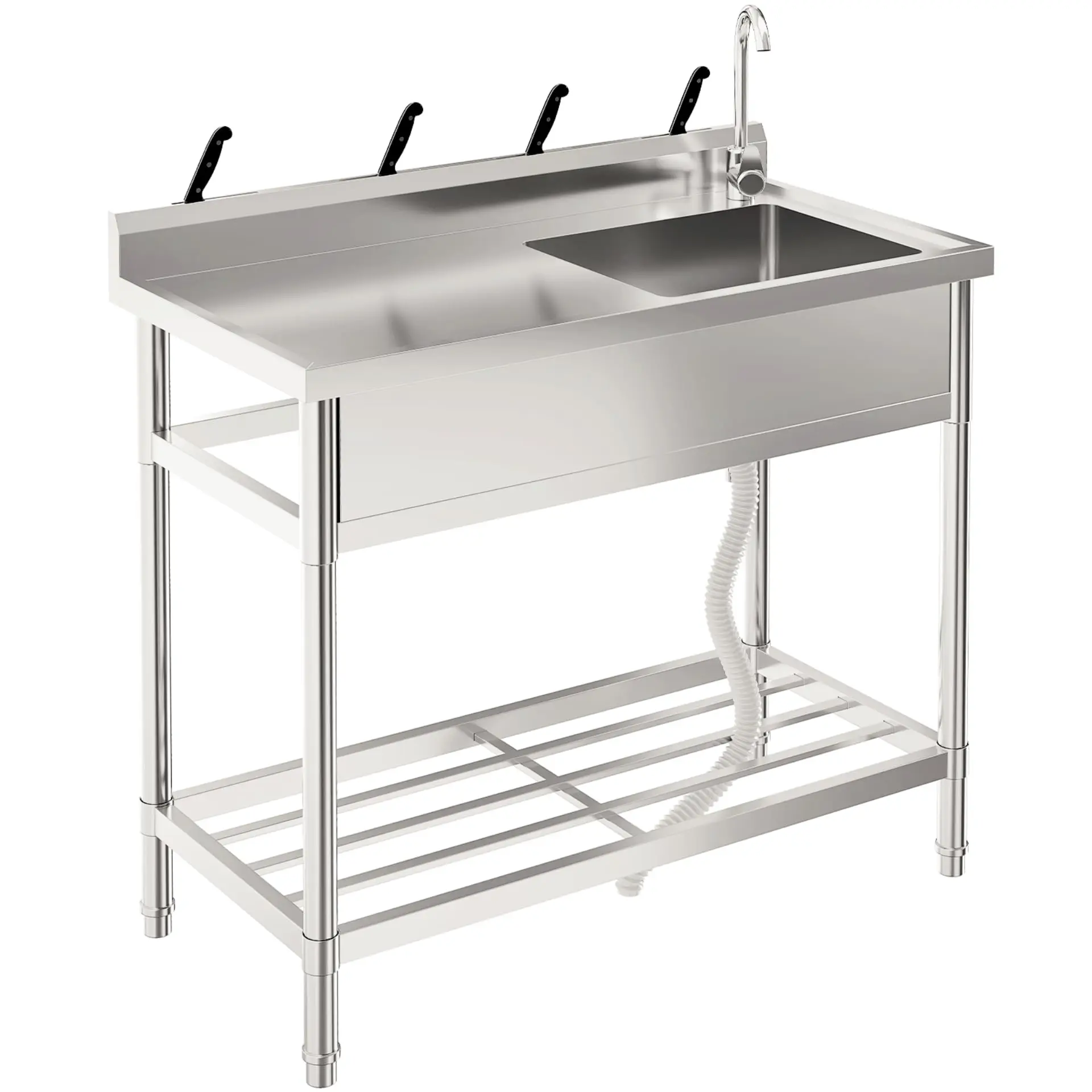Stainless Steel Utility Sink,39 Inch Single Bowl Free Standing Sink with Workbench, Faucet & Hot & Cold Water Plumbing for Laundry Room,Kitchen,Garage,Workshop,Outdoor Use,Deep Basin