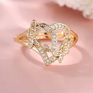 Gold-plated heart-shaped letter ring with Cubic Zirconia stones – Personalized, customizable jewelry for women, perfect as a holiday gift.