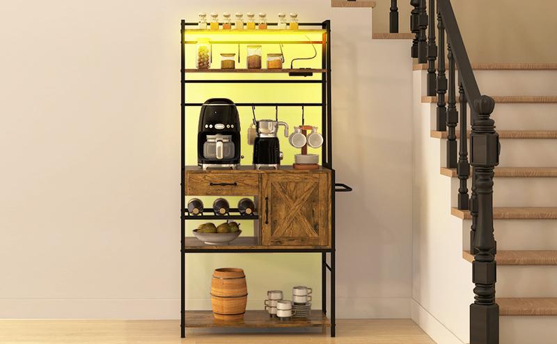 HOMCOM Bakers Racks with Power Outlet and LED Lights, Coffee Bar Table for Kitchens with Storage, Microwave Stand, Kitchen Storage Shelf Rack with Multiple Shelves