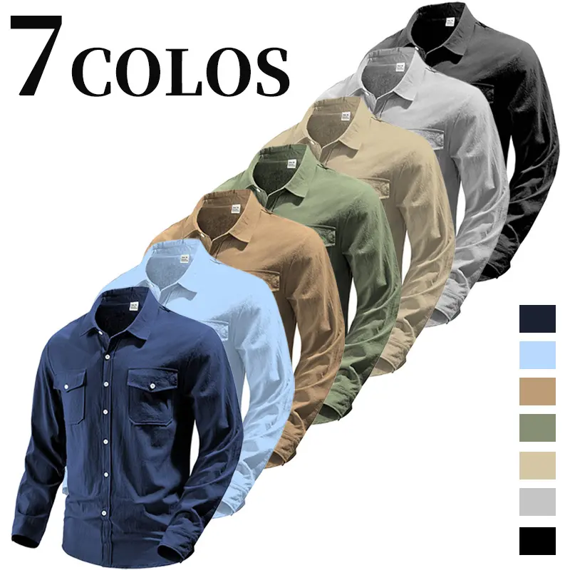 All-season breathable linen blend button shirt for men with double chest pockets and wind resistance; suitable for commuting and layering. Long sleeves, workwear style, retro wash, classic pointed collar, two pockets, slim fit, street workwear vibe.