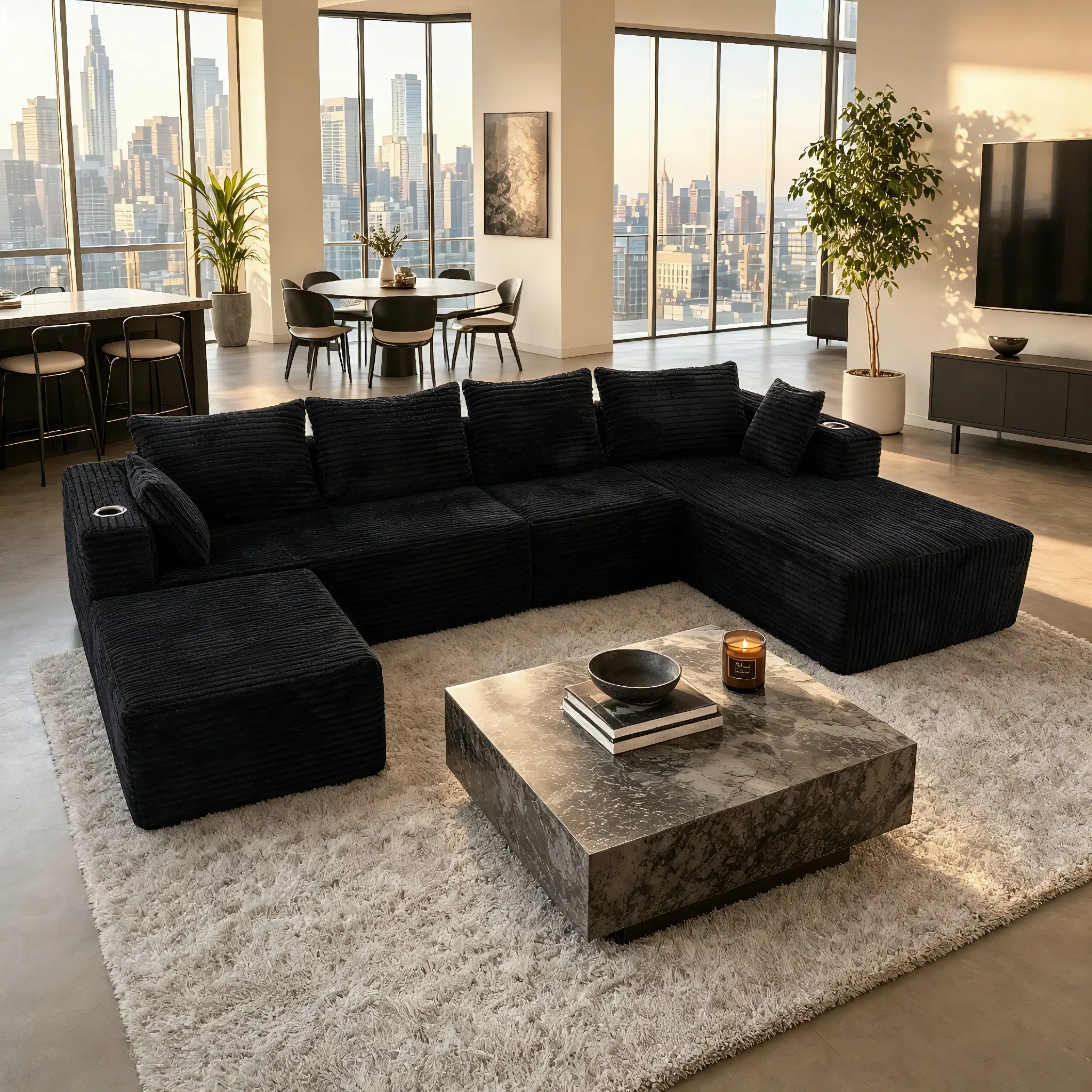 118" U-Shaped Modular Sectional Sofa with Chaise, Boneless Comfy Corduroy Fluffy Couch with Deep Seat and Side Pockets, Flexible Module Combination for Living Room, No Assembly, Side Pockets