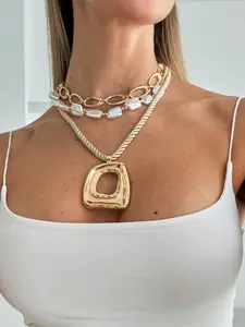 3 Piece Layered Necklace Set, Geometric Irregular Hollow Pendant, Baroque Pearl Chain, Casual Style, All Seasons, Birthday Gift