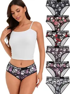 6-Pack Gothic Thong Panties, Skull & Rose Print, Lace Trim Panty, Sexy Alt Underwear, Low Rise Emo T-Back Briefs, Comfortable Fit