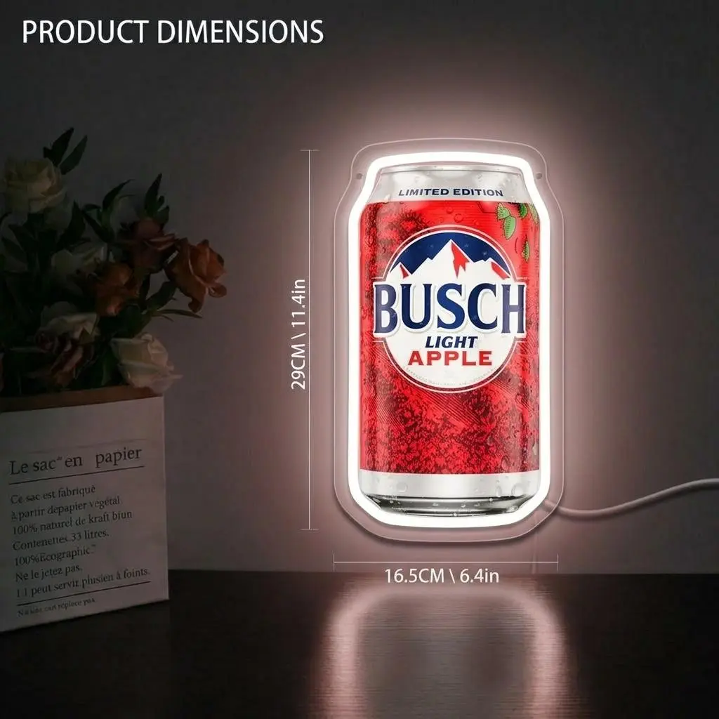 Busch Apple Neon Sign Beer Can Neon Sign Wall Light  Decor, USB Powered Acrylic Panel Light, Pre-Drilled Holes Easy to Hang, Funny Bar Pub Man Cave Game Room Decor Gifts for Father's Day