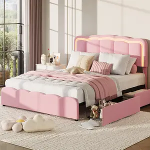 LED Bed Frame, Kids Platform Bed with 2 Large Storage Drawers, Velvet Upholstered Princess Bed for Girls & Boys, Wooden Slats Support, No Box Spring Needed, Easy Assembly