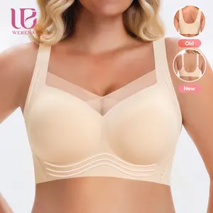 Werena V-Neck Mesh Bras for Women Back Smoothing No Underwire Seamless Push Up Bra Everyday Comfort Minimizer Bras with Wide Straps & Fixed Pads