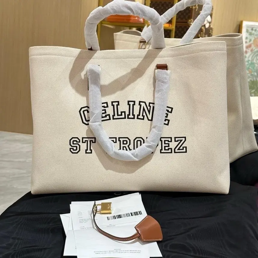 Pre-owned Celine Large Canvas & Tan Leather Tote Bag【239120】