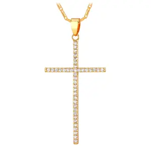 FindChic Simple Cross Necklace with Cubic Zirconia Golden Latin Cross Pendant Christian Religious Necklaces For Women Men