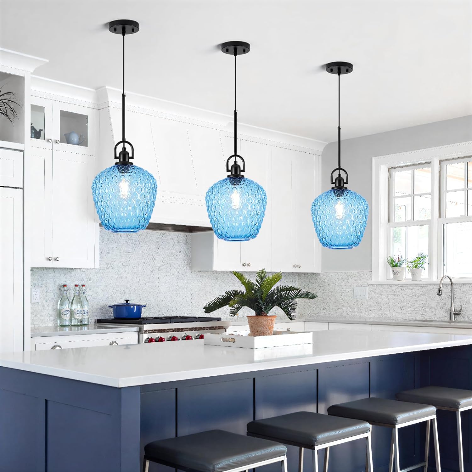 Large Glass Pendant Lights Kitchen Island, 10" 1-Light Black Fixtures with Blue Hammered Glass Modern Hanging Light for Kitchen Island Dining Room Entryway Foyer