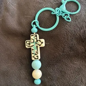 Trendy Cross Keychain with Beads - Turquoise & Cream Beads, Durable Keychain for Everyday Use