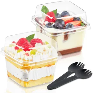 Plastic Dessert Cups with Lids and Sporks, Clear Square Cake Cups Dessert Containers for Pudding Parfait Fruit Yogurt and Shortcake