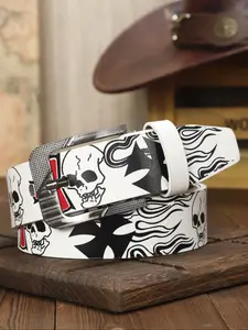 1pc European and American fashionable vintage white skull full-print men's belt suitable for daily life, parties, street wear, Street style belt, paired with jeans, Halloween gift