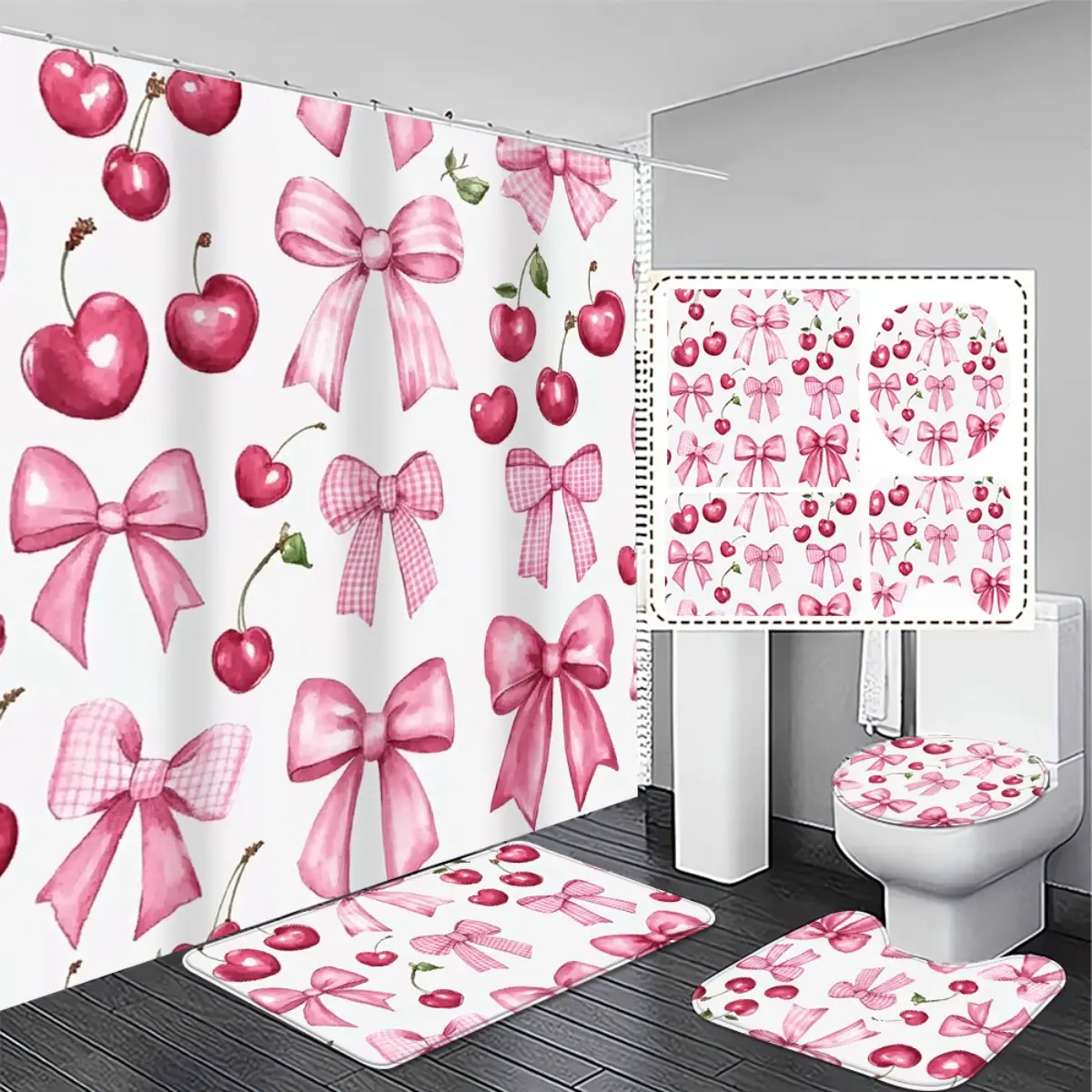 2D Flat, 4pcs Bathroom Decoration Set, Chic Pink Cherry & Bow 2D Flat Printing Shower Curtain Set with Non-Slip Rugs and Toilet Lid Cover. Paired with 12 C-shaped Hooks Exquisite and Practical Home Decoration Gift., 2D Flat