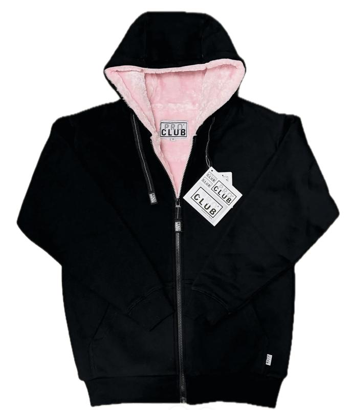 PRO CLUB HEAVYWEIGHT PILE FULL ZIP HOODIE - BLACK/PINK