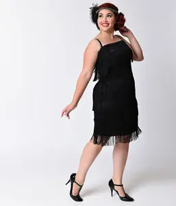 Unique Vintage Plus Size 1920s Style Black Speakeasy Tiered Fringe Flapper Dress