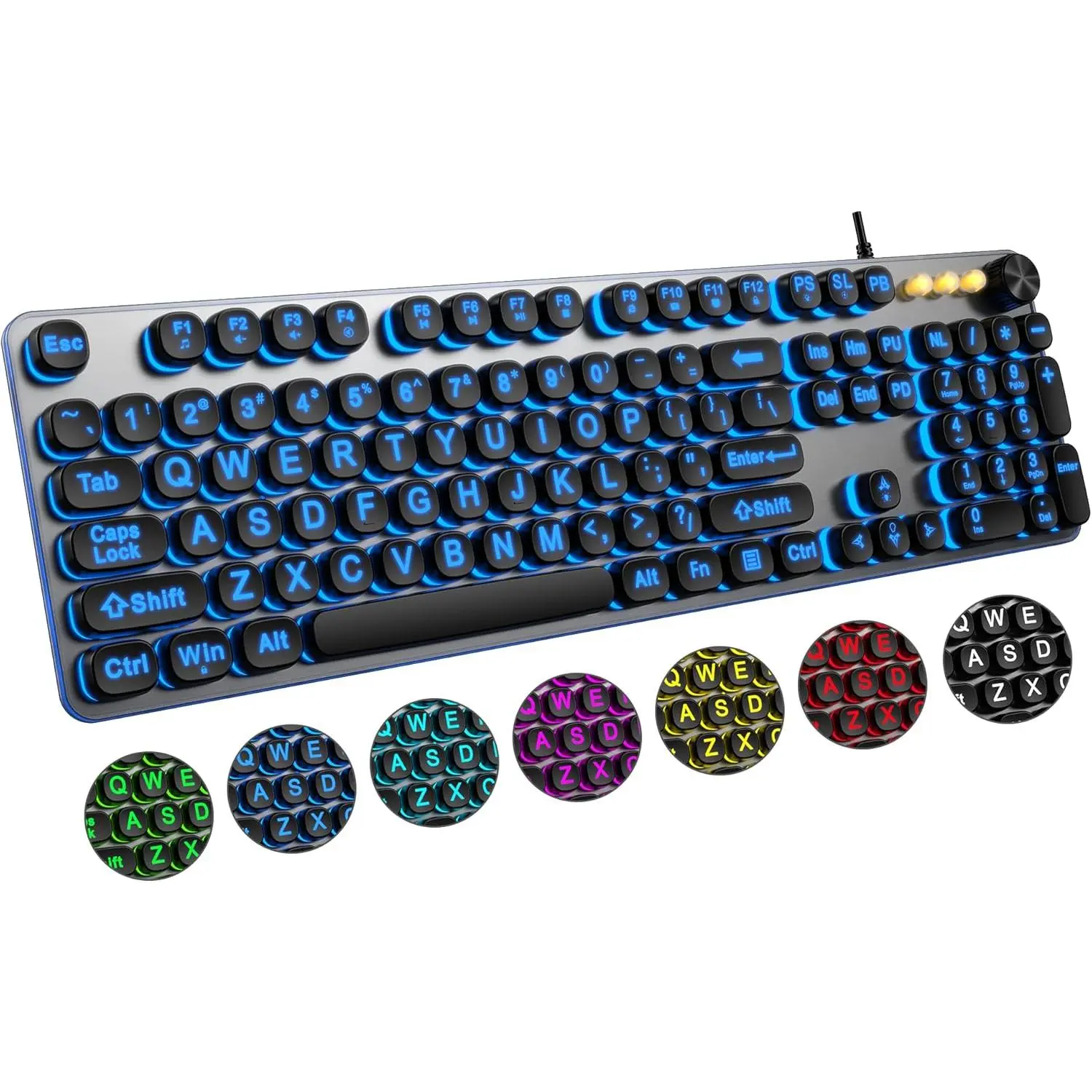 USB Wired Backlit Keyboard with High Contrast Oversize Letters, 7-Color Backlit Keys, 4-Level Brightness, Ergonomic Design, Mute Control, Numeric Keypad, Default Settings for PC/Laptop Windows Desktop