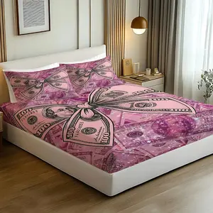 3pcs 100% Polyester / Luxury Pink Dollar Print Fitted Sheet Set / Aesthetic Aesthetic Dollar Bill Pattern / Soft Breathable Bedding / Modern Chic Home Decor / Easy Care Machine Washable / One Bed Sheet + Two Pillowcases [Do Not Contain Fillings]