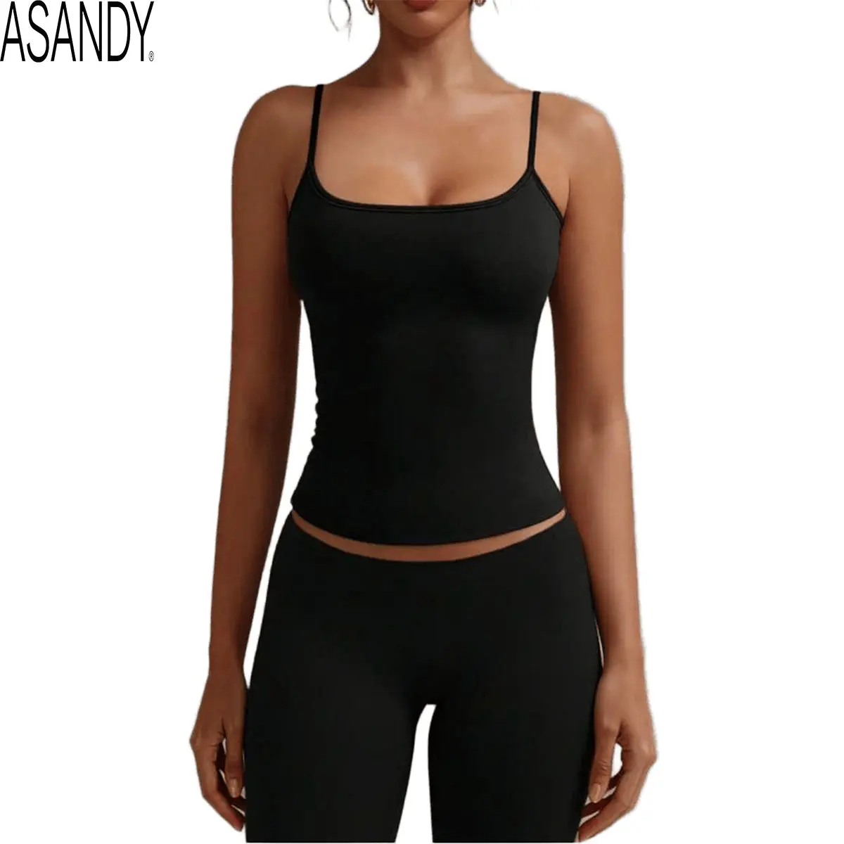 Women Square Neck Spaghetti Strap Cami Top, Seamless Ribbed Slim Fit Bodycon Layering Camisole, Tummy Control Basic Going Out Tank Top for Daily Wear