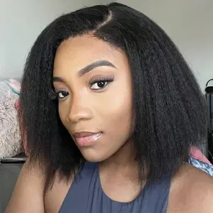 Ready To Wear Kinky Straight Bob Short Yaki Straight Human Hair Wig For - 200% Density 4x4 Lace Closure, Pre-Plucked Glueless Wig With Natural Look