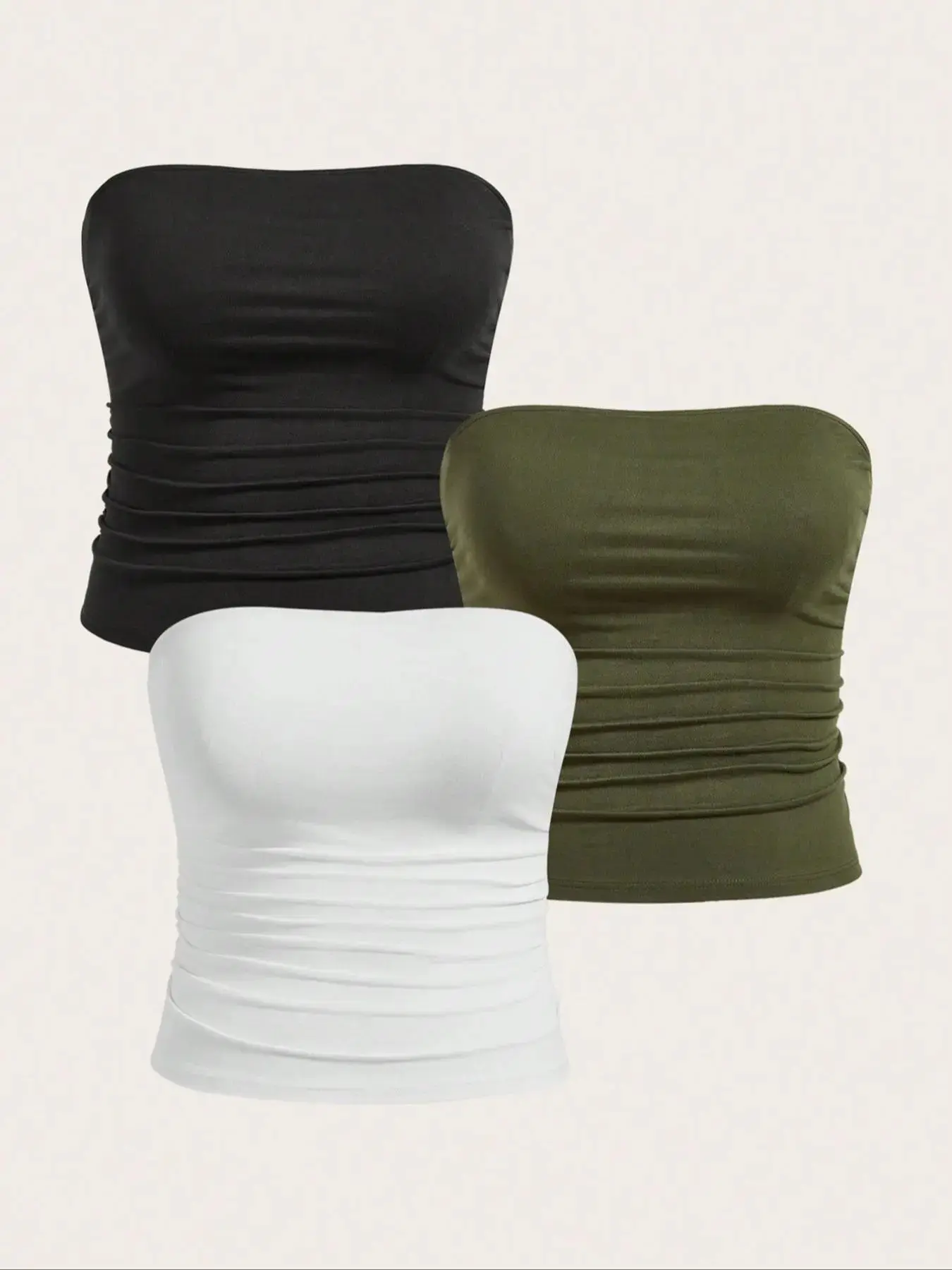 [Plus Size] Solid Knitting Ruched Pleated Tube Top, Casual Comfy Breathable Strapless Fitted Top for Daily Wear, Womenswear for All Seasons, Summer