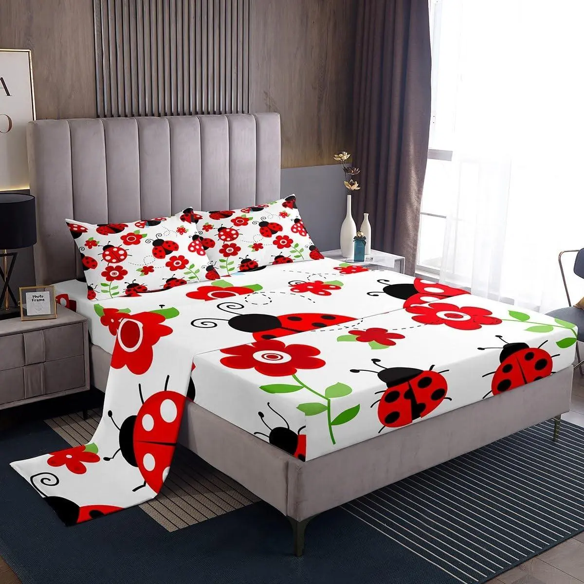 Ladybug Bed Sheets Kids Boys Red Floral and Animal Sheet Set,Child Cute Bug Sheets Set Deep Pocket Fitted Sheets + Entomology Flat Sheet