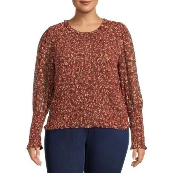 Terra & Sky Women's Plus Size Long Sleeve Smocked Top- Size 1X Blouse Polyester Shirts Womenswear