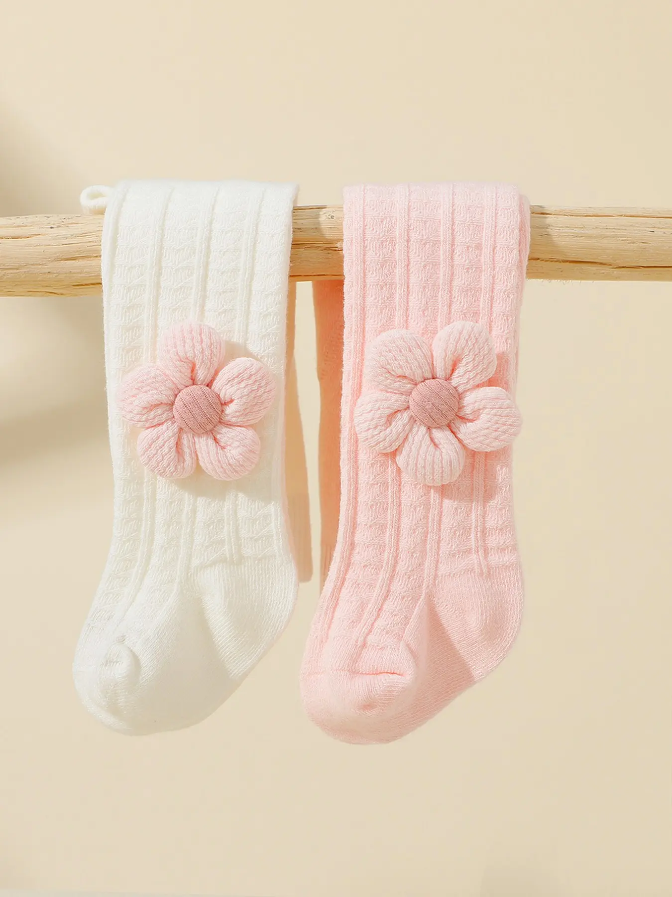 2 Pairs Solid Color Baby Girls Baby Clothing Heart Pattern Floral Leggings, Stretchy Tights, Soft Cozy Hosiery, Perfect for Birthday, Festivals, Daily Wear, All Seasons, Soft Comfy Newborn Infant Socks