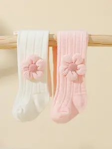 2 Pairs Solid Color Baby Girls Heart Pattern Floral Leggings, Perfect for Birthday, Festivals, Daily Wear, All Seasons